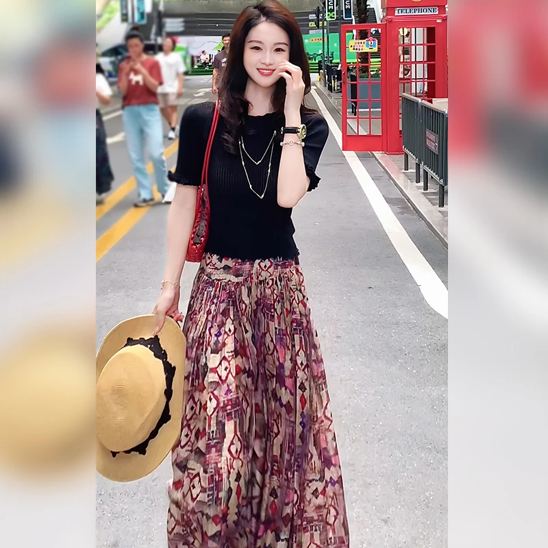 【现货运费险】波西米亚夏季新款高档浪漫半身裙子+显瘦黑色上衣
