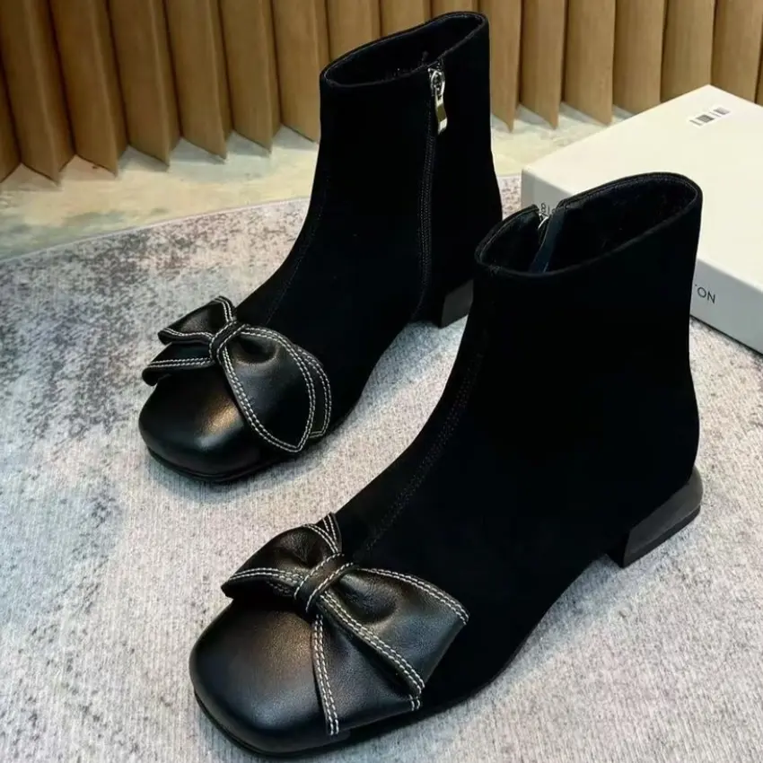 加宽加肥方头低跟软底大蝴蝶结时尚矮靴5367