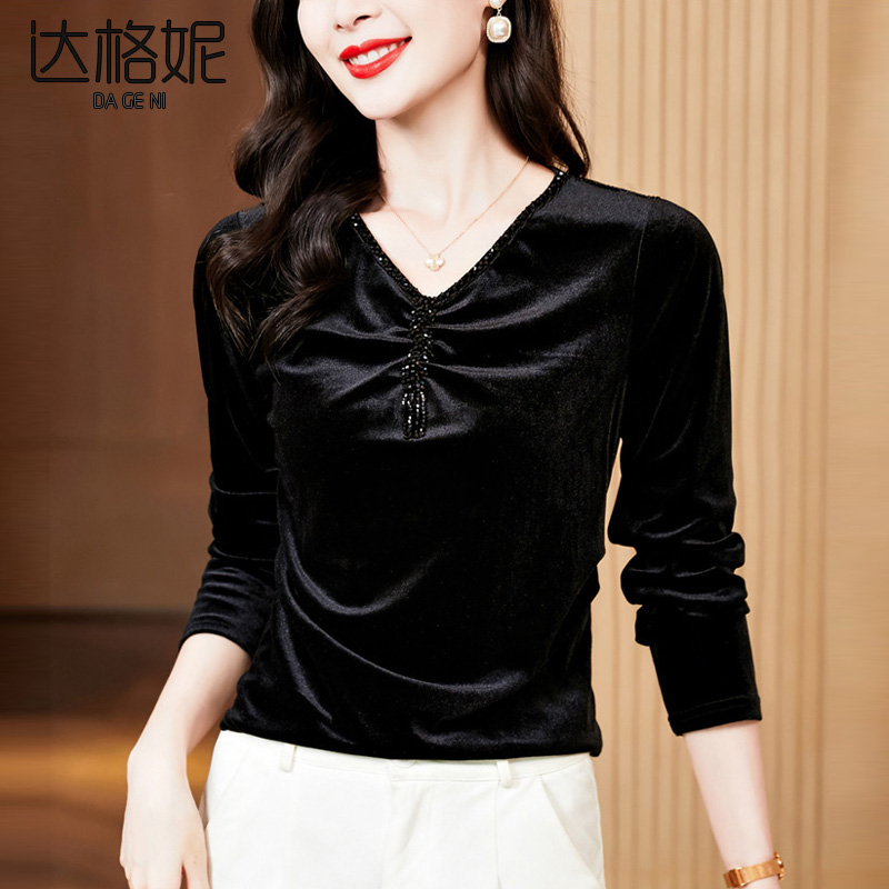 法式v领欧货t恤女长袖拉丁舞服春秋新款洋气小衫时髦减龄妈妈上衣