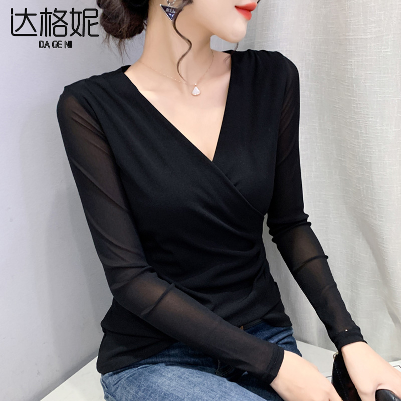 达格妮2025年春秋新款欧货洋气v领网纱长袖T恤修身显瘦内搭上衣女