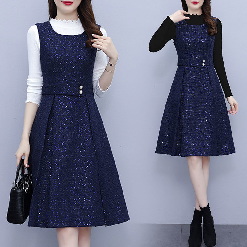 气质秋冬小香风打底亮片高端连衣裙毛衣弹力大码女装百搭马甲裙子