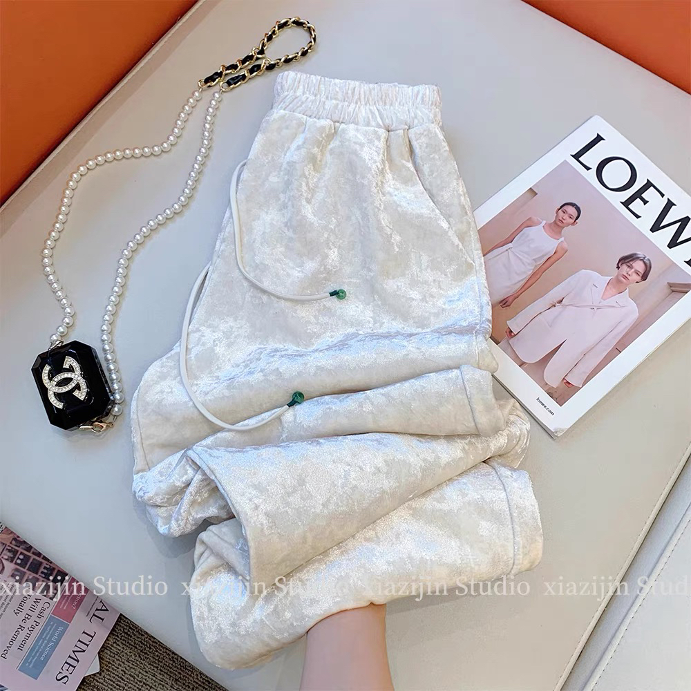 新中式国风丝绒裤子女款秋冬季高级感显瘦直筒宽松垂感休闲阔腿裤