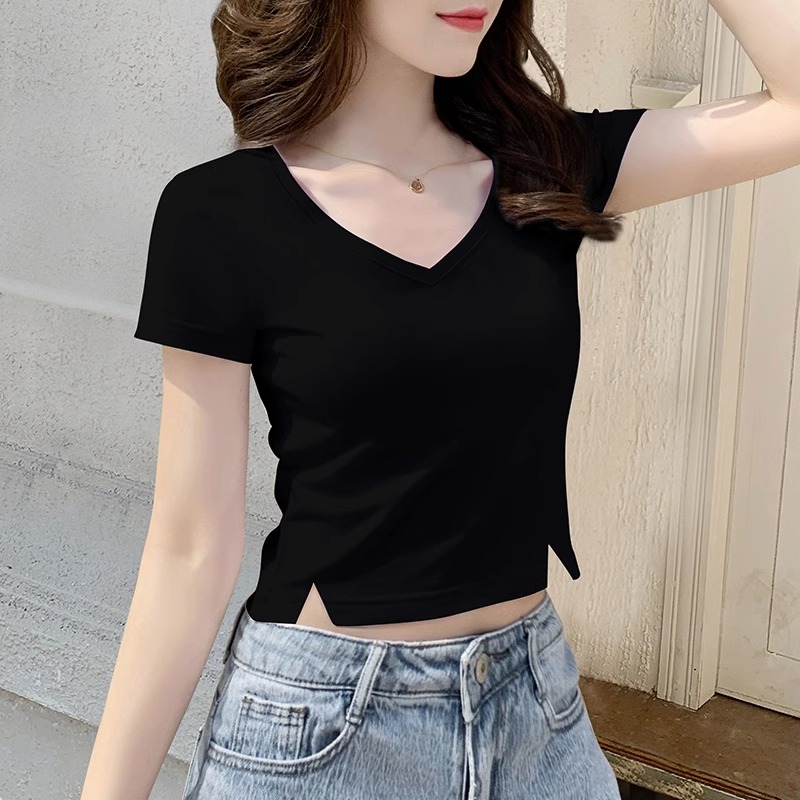 V领t恤女短袖2025新款夏季小个子开叉设计修身显瘦短款露脐上衣潮
