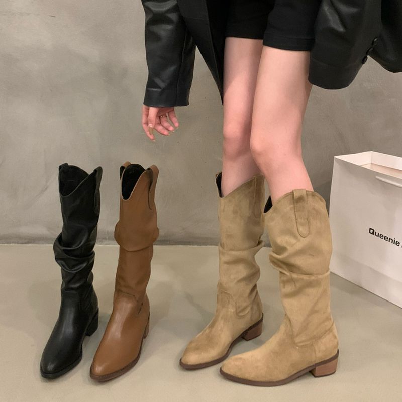 粗跟复古卡其V口堆堆中筒长靴女鞋2025秋冬尖头西部牛仔长筒靴子