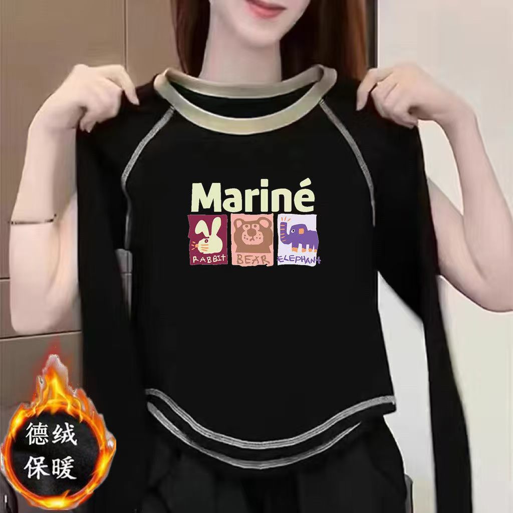 女童德绒加绒拼接长袖t恤2024秋冬新款中大童韩版百搭保暖打底衫
