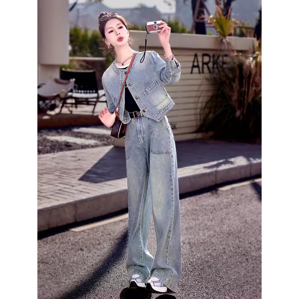 牛仔阔腿裤套装女2025春款新款小香风短款外套高腰长裤时尚两件套