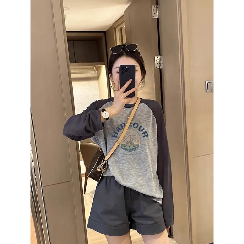 2023新款纯棉内搭打底衫女春秋装洋气复古港味插肩长袖t恤上衣ins