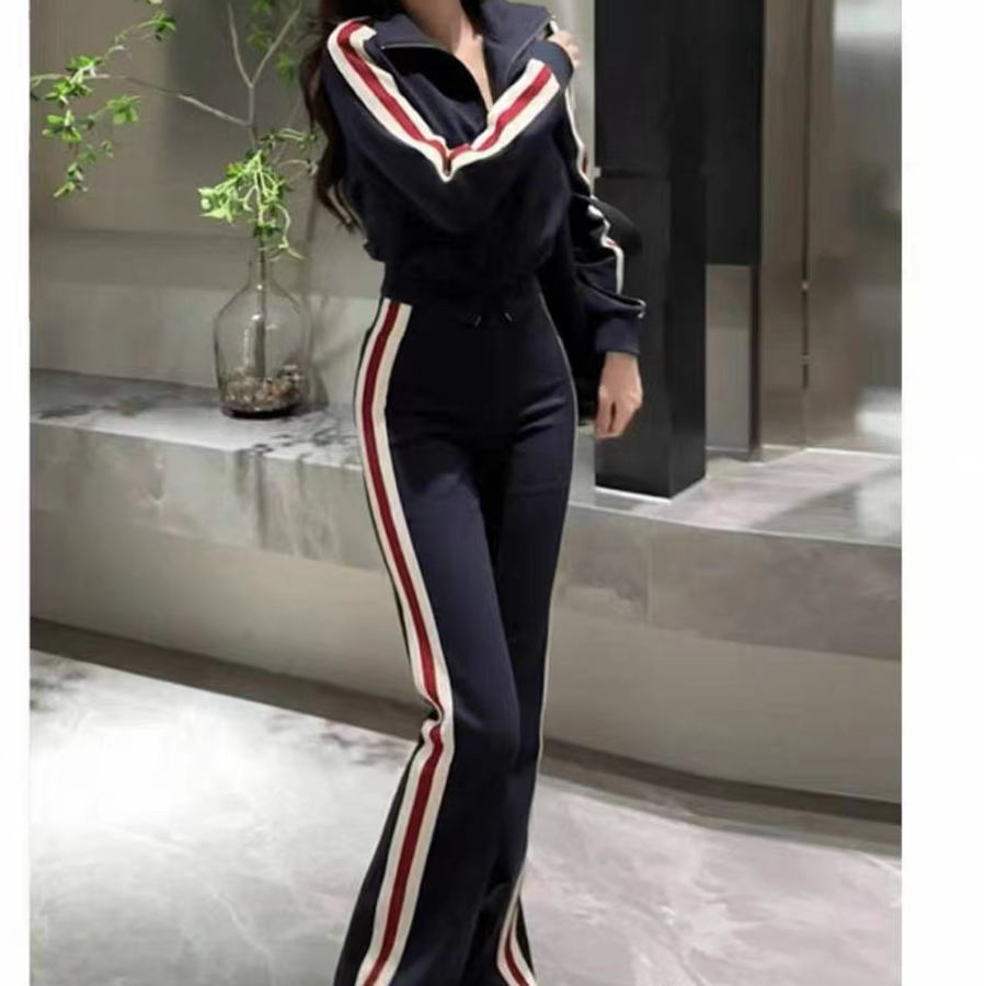 2025秋冬新款休闲运动套装条纹拼接时尚显瘦拉链两件套
