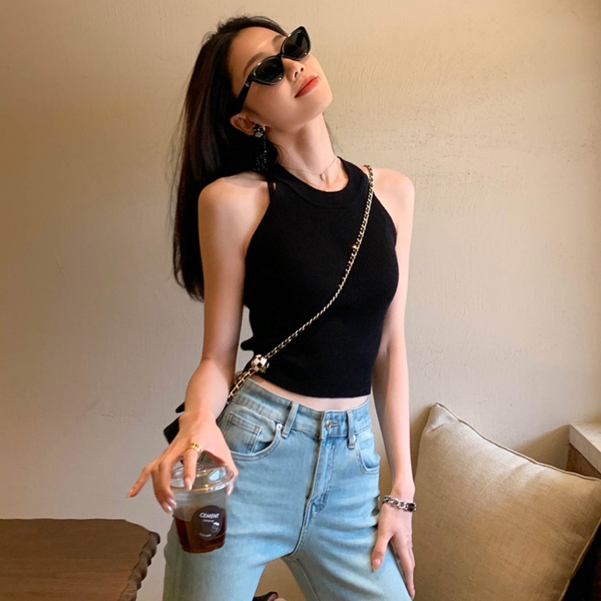 夏天可外穿高级感网红挂脖针织小吊带黑色背心内搭无袖坎肩上衣女