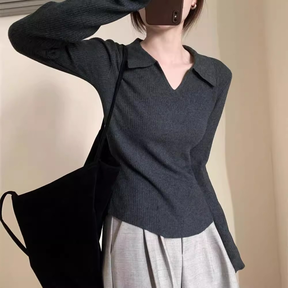 秋冬女装高级感polo领外穿灰色毛衣洋气针织衫内搭打底衫翻领上衣