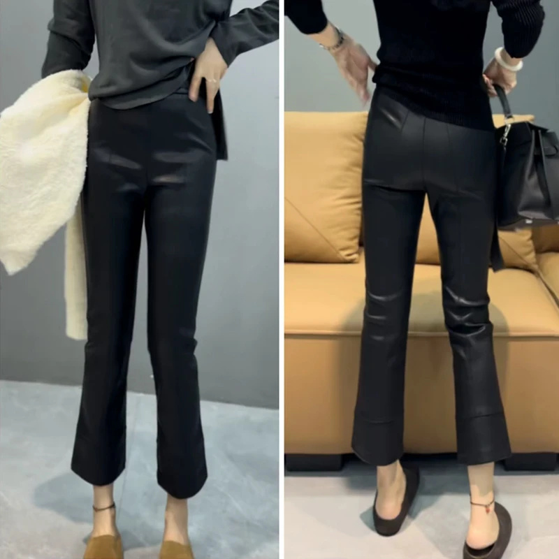 2025冬季新款大码高腰加绒微喇皮裤梨形身材显瘦百搭九分裤