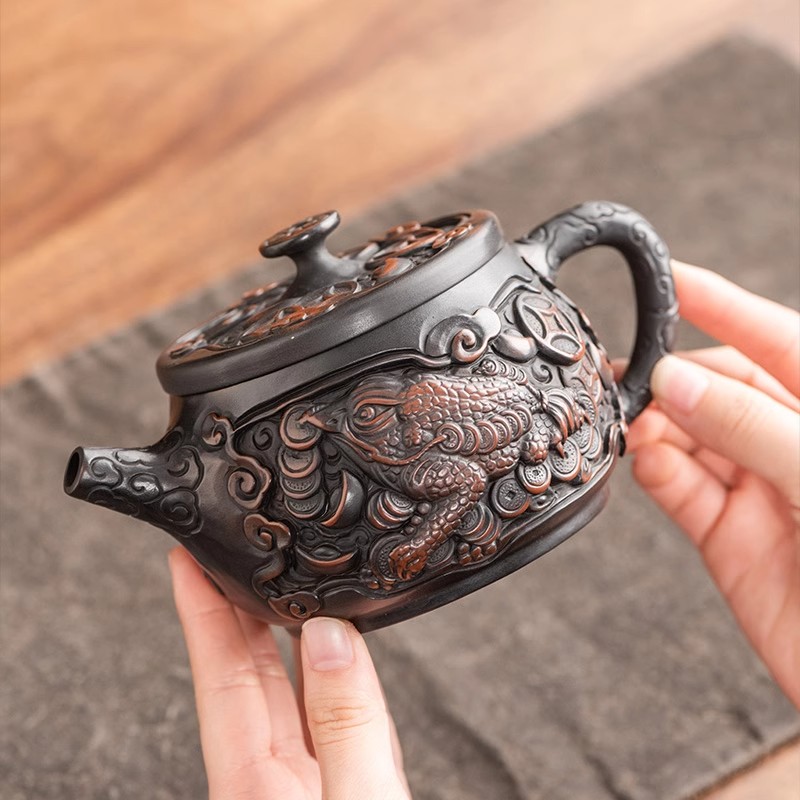 云南高档紫陶茶壶手工浮雕可养家用大容量汉瓦壶复古中式功夫茶具
