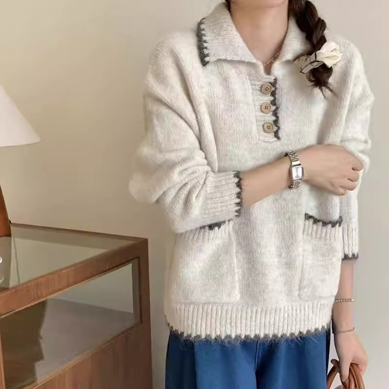 日系甜美撞色polo领针织衫女秋冬新款慵懒风宽松复古毛衣百搭上衣