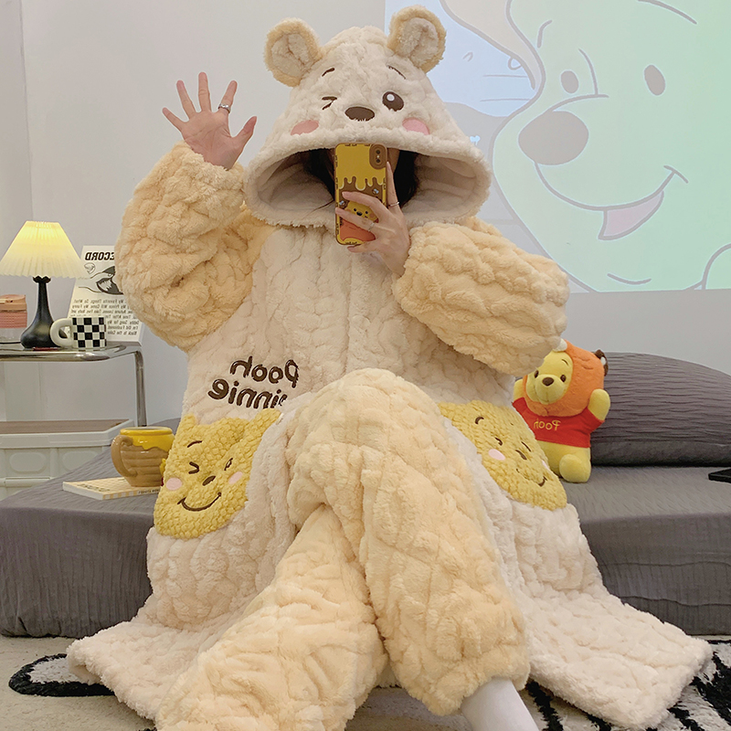 运补『维尼熊』省服夹棉加厚女款冬季睡袍睡衣保暖珊瑚绒冬天家居服