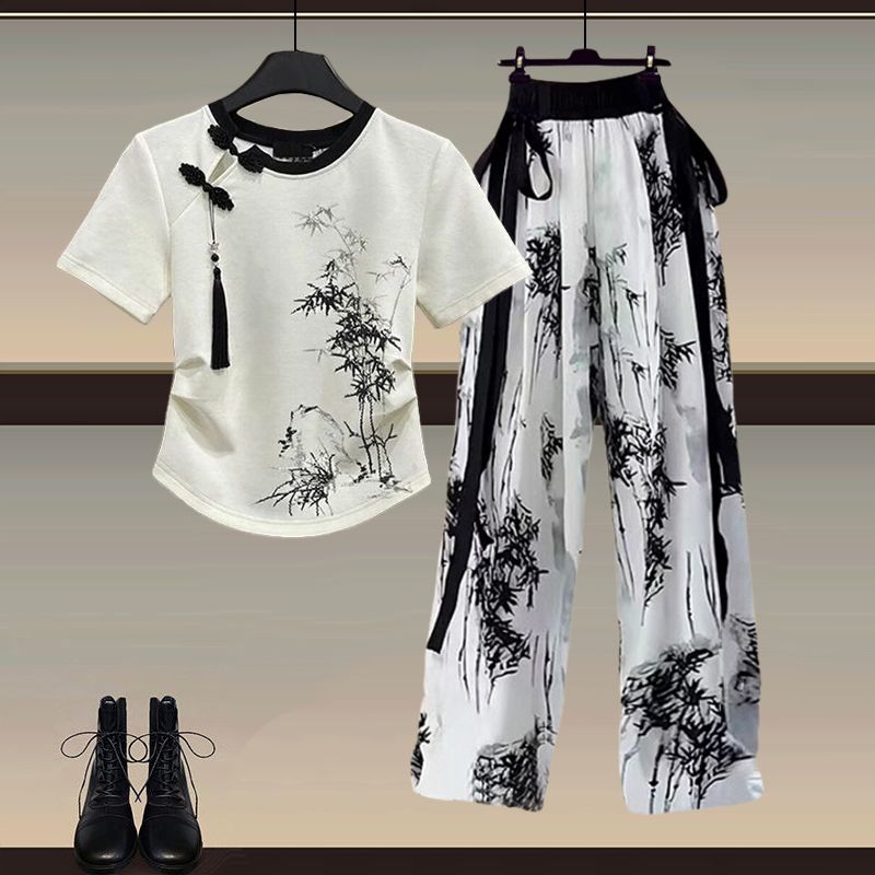 夏季穿搭一整套2025新款新中式短袖上衣搭配国风显瘦休闲裤两件套