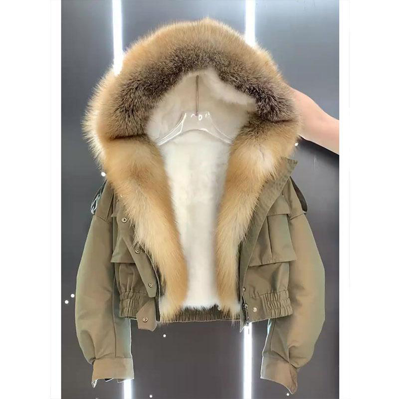 大码秋冬季2025装港风派克服绿色小个子减龄高级感大毛领棉服外套