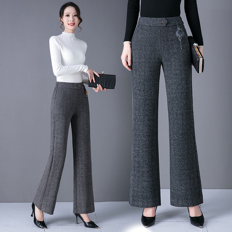 2023秋冬新款松紧腰毛呢微喇裤高腰宽松显瘦中年女士弹力休闲长裤