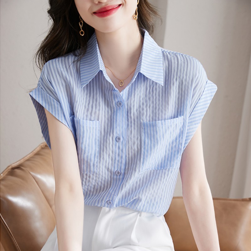 设计感小众竖条纹衬衫女夏小飞袖法式时尚简约小衫POLO领口袋上衣