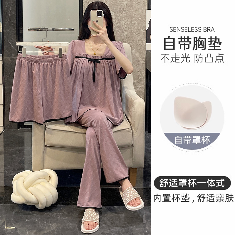 睡衣女款爆款2025新款夏季三件套装带胸垫薄款短袖网红大码家居服