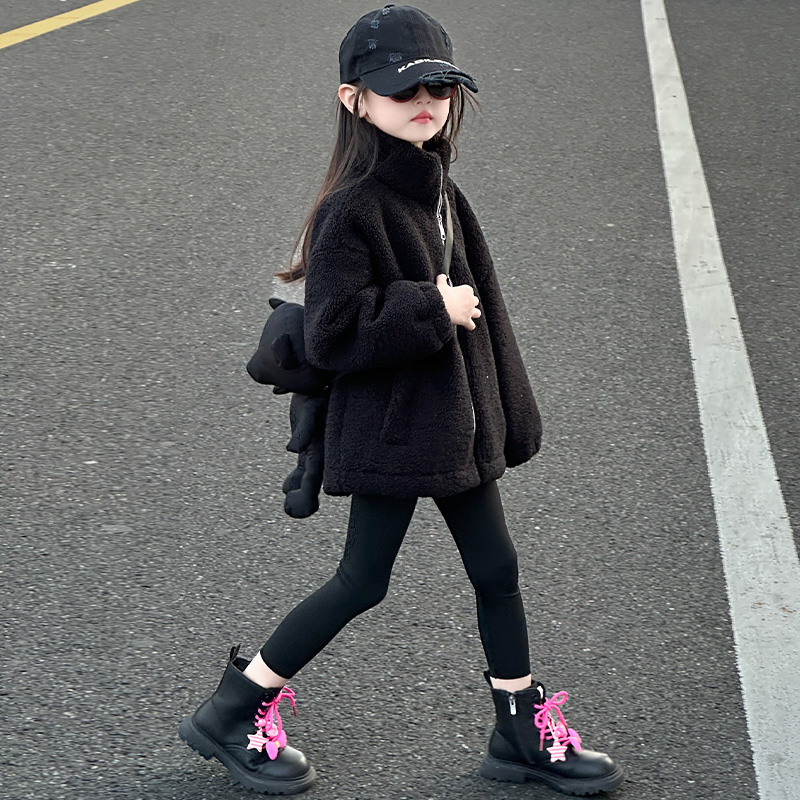 女童外套秋冬款2025新款中大童简约洋气加绒毛毛衣外套女孩冬装潮