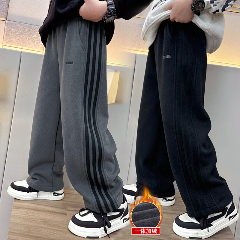 儿童加绒裤子秋冬季新款直筒阔腿厚男童一体绒运动卫裤休闲中大童