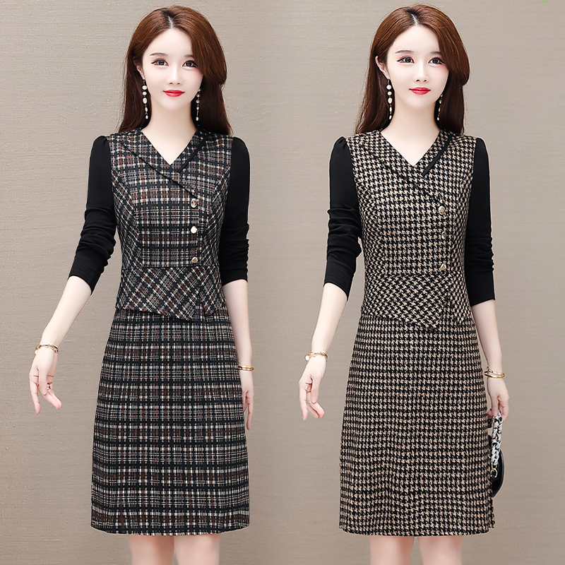 9816新款春秋大码中年连衣裙拼接时尚修身显瘦中长款打底裙