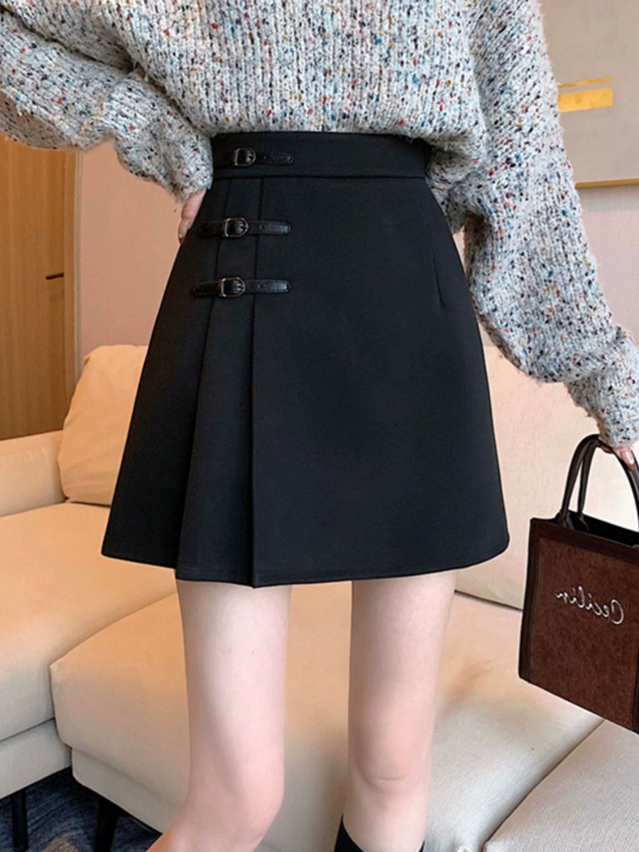 黑色半身裙女2025秋冬高腰a字百褶裙大码胖mm显瘦毛呢jk包臀短裙