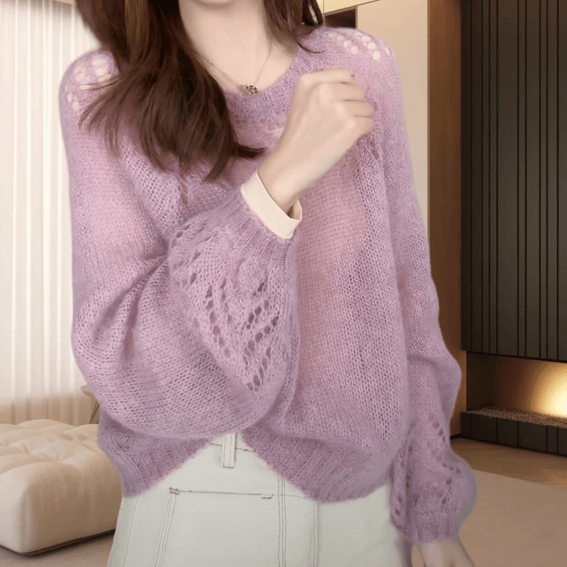 2025秋季新款洋气温柔气质镂空针织衫圆领休闲百搭气质长袖衫