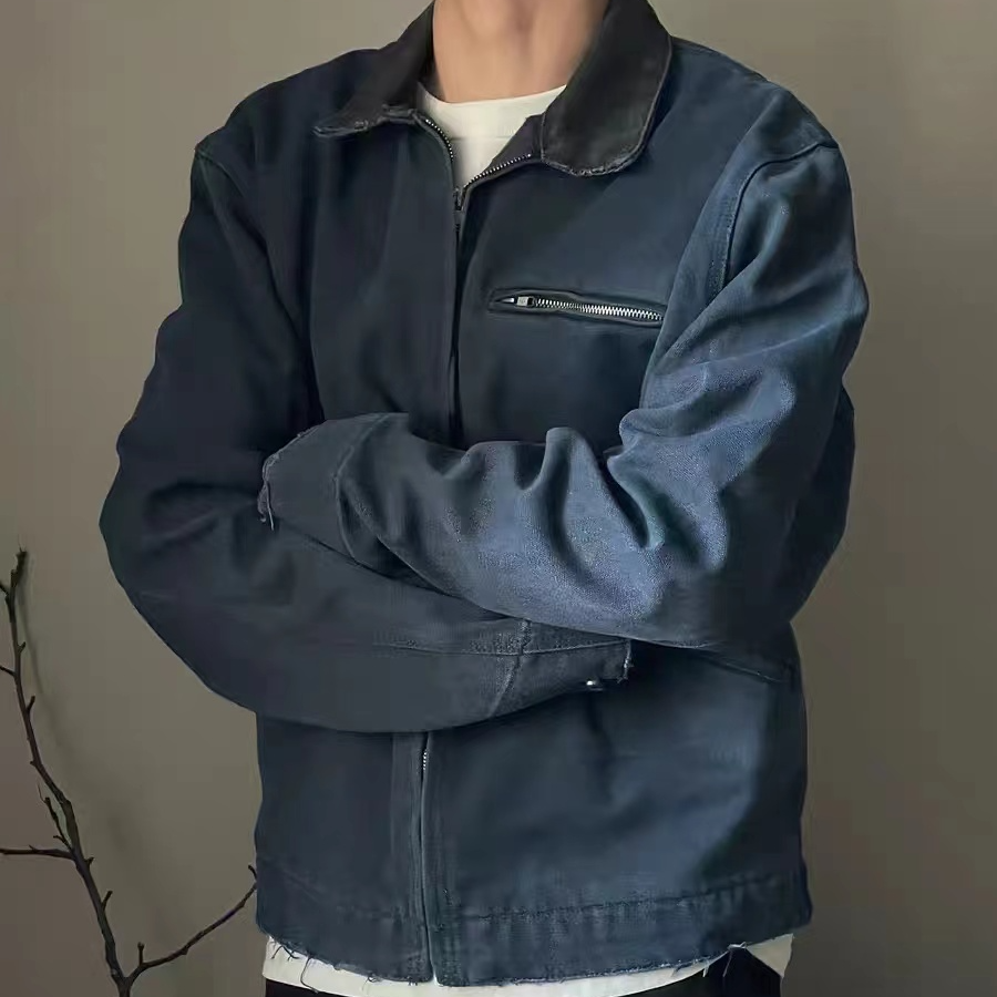 cleanfit蓝色卡哈特底特律工装外套男生美式复古短款翻领做旧夹克