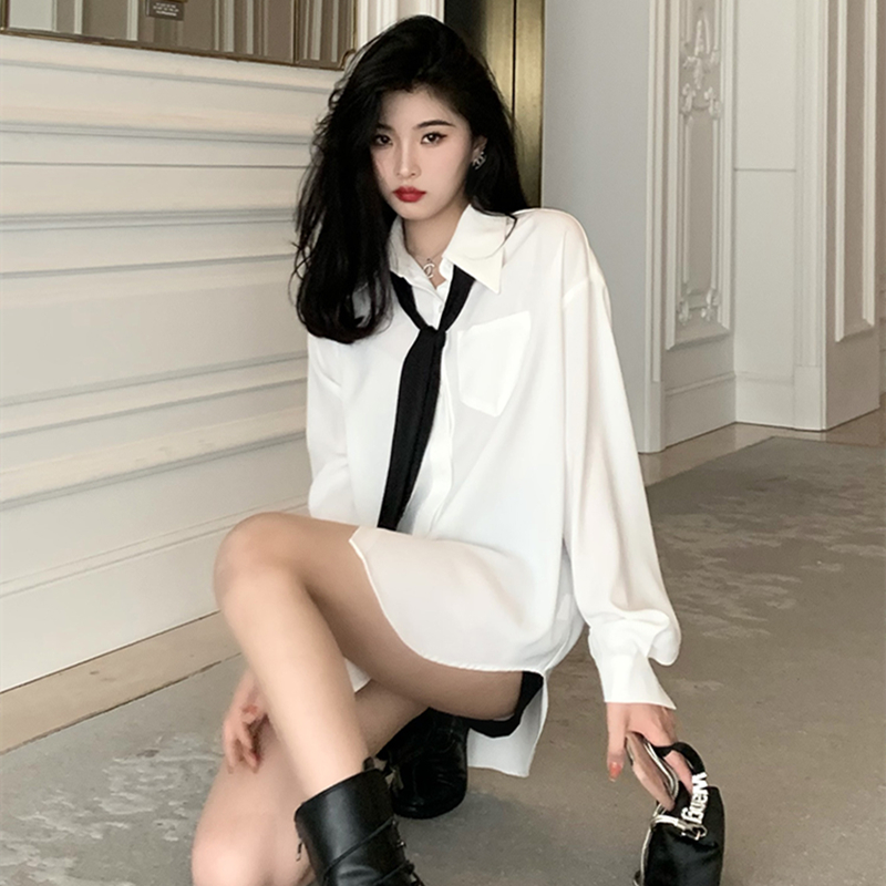 2025春秋季新款学院风领带宽松白衬衣女高级感别致中长款衬衫上衣