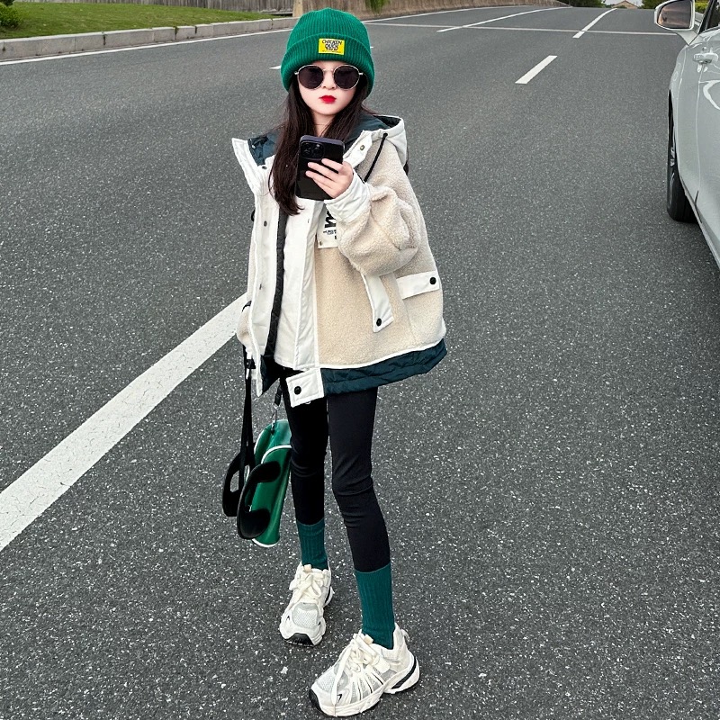 韩版潮牌儿童时尚连帽羊羔绒假两件休闲夹克外套装秋冬加厚毛毛衣