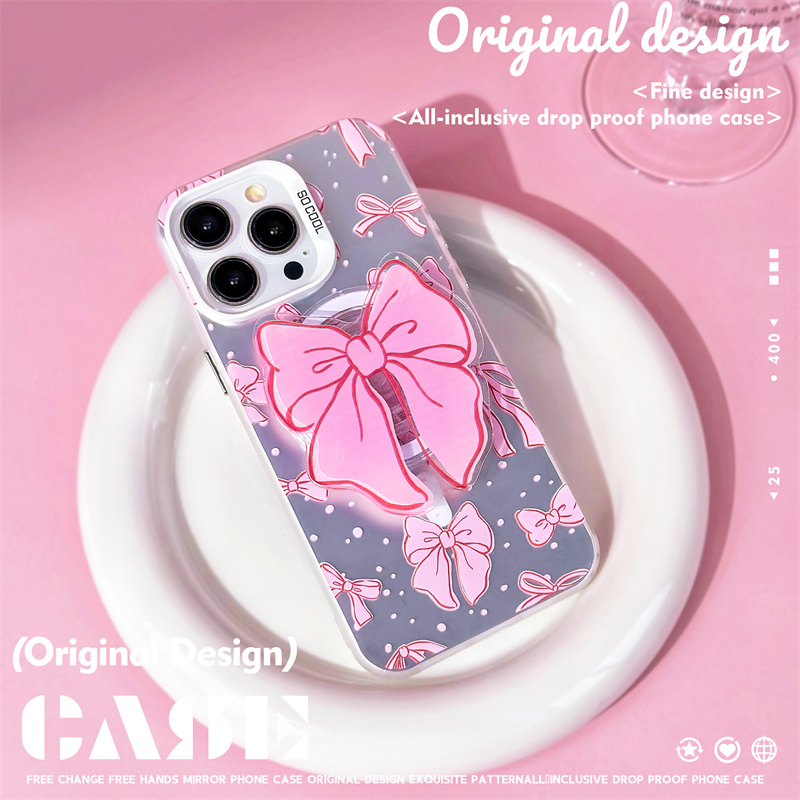 粉色蝴蝶结iPhone彩银磁吸保护套网红少女苹果手机壳华为支架创意