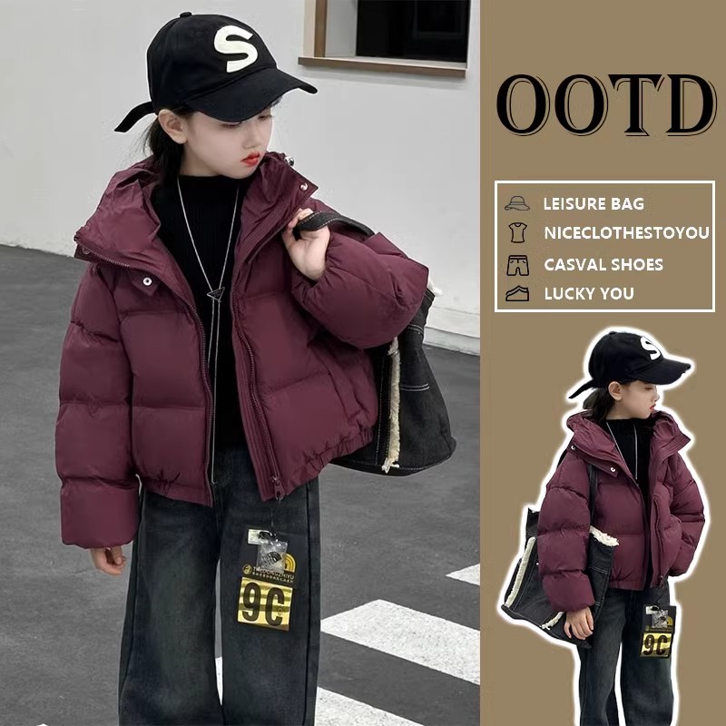 女童棉服外套冬季新款女大童加厚保暖紫色防寒服网红连帽面包服潮