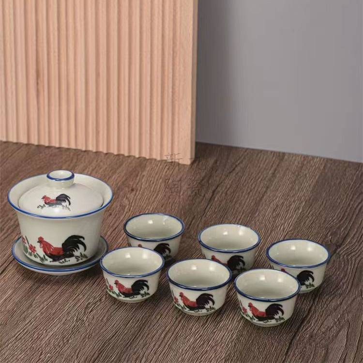 中式复古杯子陶瓷釉下彩青花瓷家用特厚公鸡盖碗功夫茶具公鸡茶杯