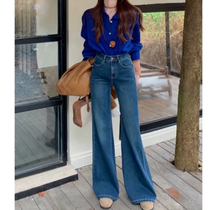 202秋季新款四面弹刺绣微喇阔腿牛仔裤女高腰遮肉显瘦长裤女