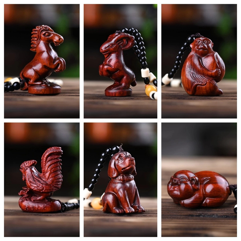 【十二生肖】紫檀木雕刻十二生肖手把件吊坠车挂挂件文玩（送盘玩袋）