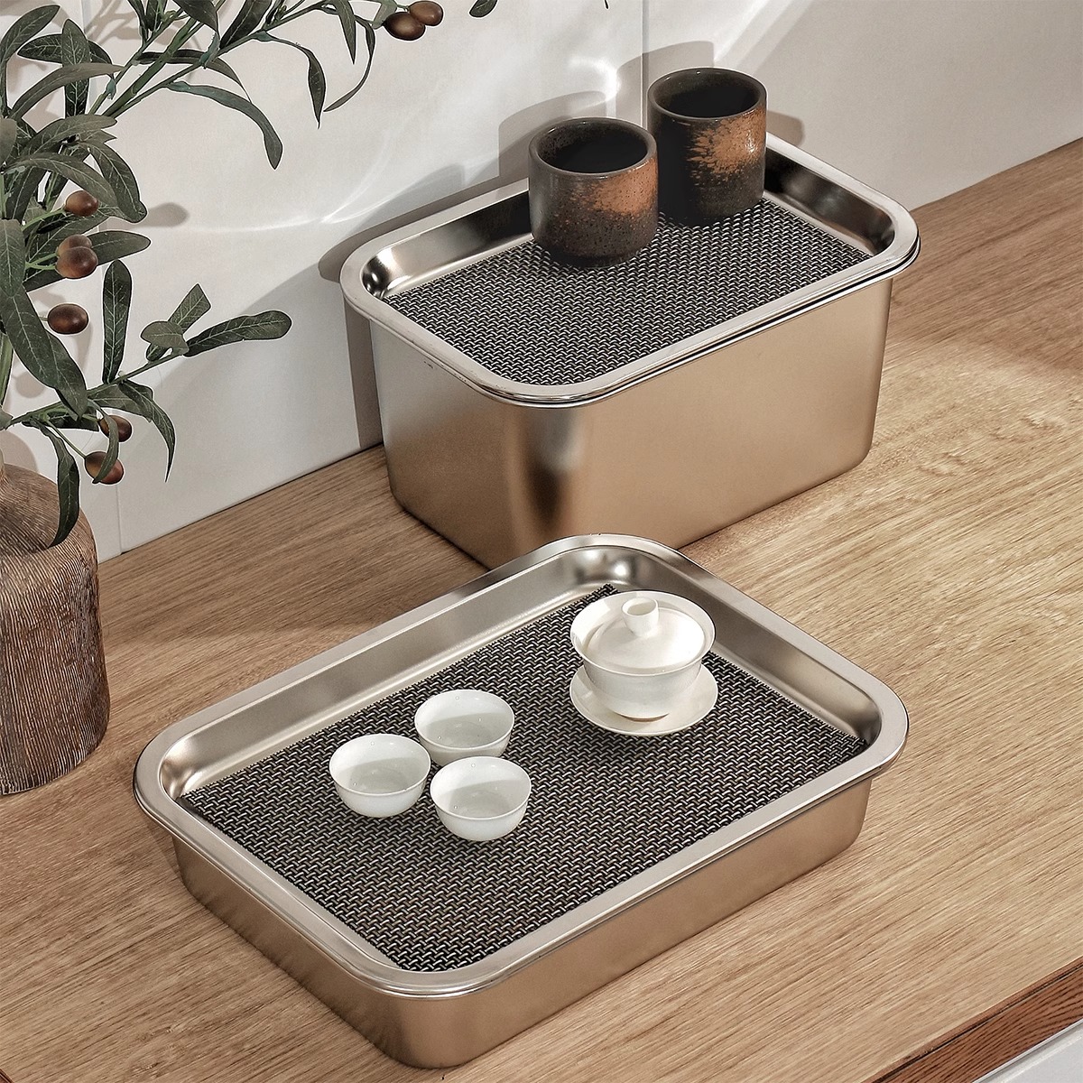 不锈钢潮汕功夫茶盘长方形壶承干泡台储水式饺子沥水不锈钢餐盘