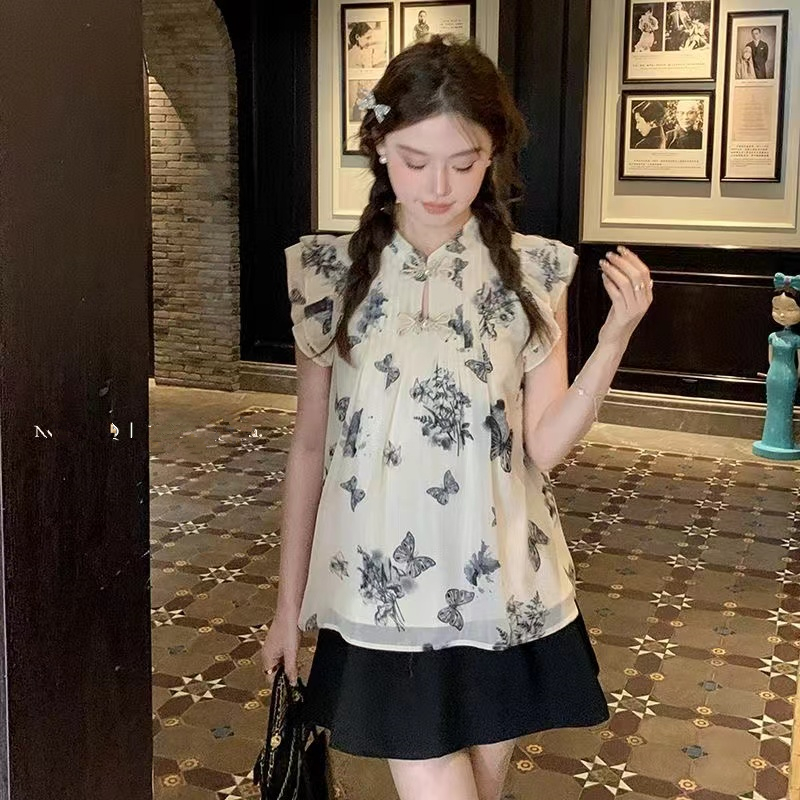 中式国风印染小飞袖上衣女盘扣少女气质夏季设计感宽松立领新中式