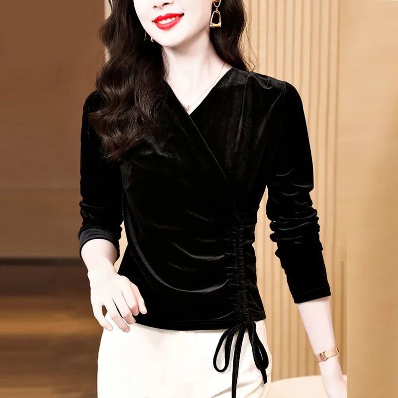 春秋季丝绒长袖上衣修身收腰显瘦抽绳系带褶皱气质时尚V领打底衫