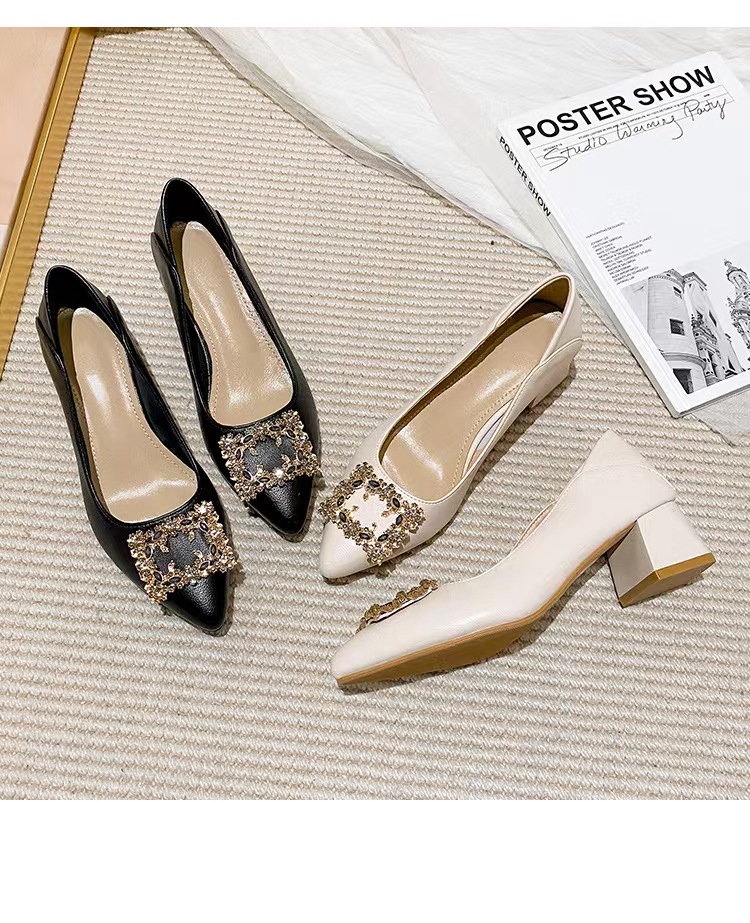 羊皮真皮2025年新款大码高跟时尚百搭气质方扣水钻浅口百搭女鞋