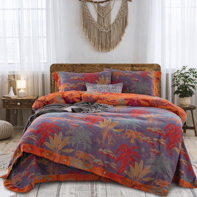 【奇幻丛林-紫罗兰】全棉色织提花A类双层纱四件套温暖居家柔软舒适