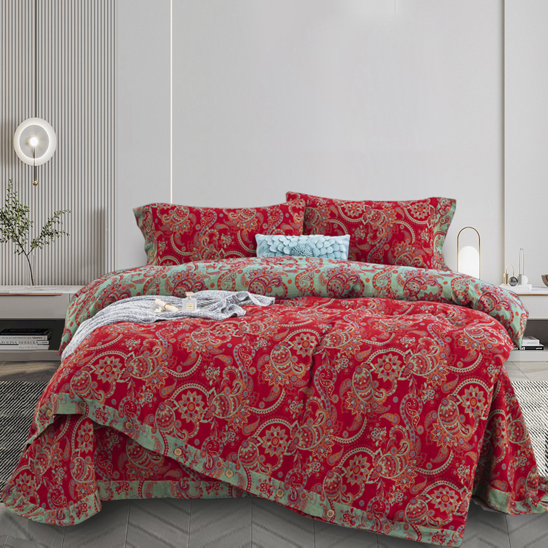 【莲年有鱼-正红】全棉A类色织双层纱四件套婚庆陪嫁四季家纺用品软