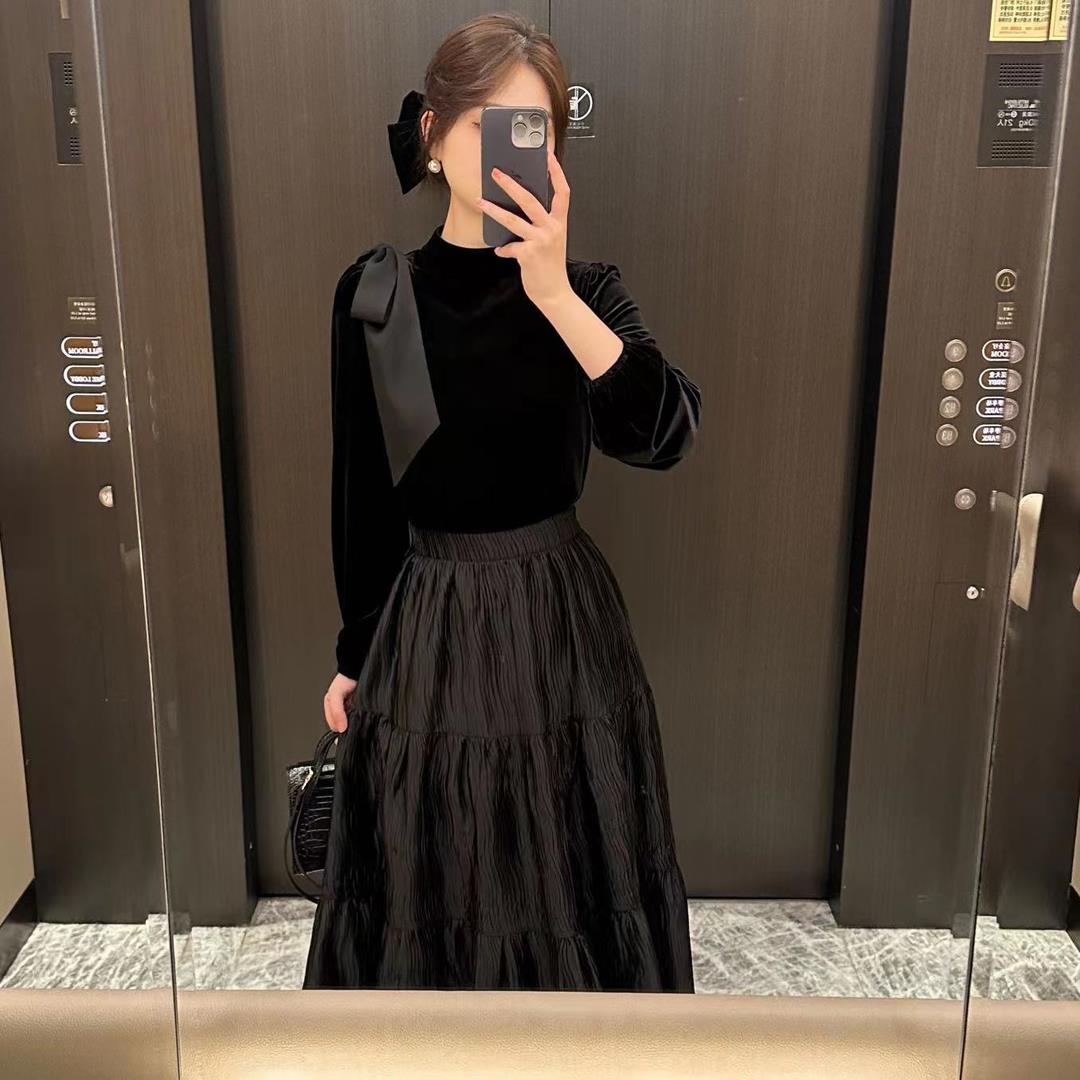 2025春秋新款女装时尚长袖气质连衣裙拼接中高腰显瘦名媛黑色裙子