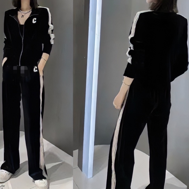 3528（丹姐家）早秋款洋气休闲运动高品质丝绒开衫+阔腿裤两件套装