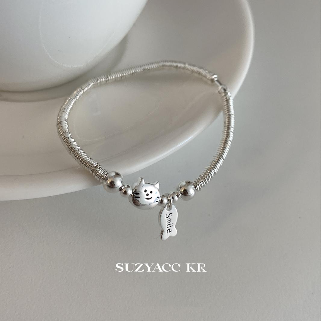 Suzyacc Kr 925银手链 盘缠小猫吃鱼手链手工可爱小众C2211