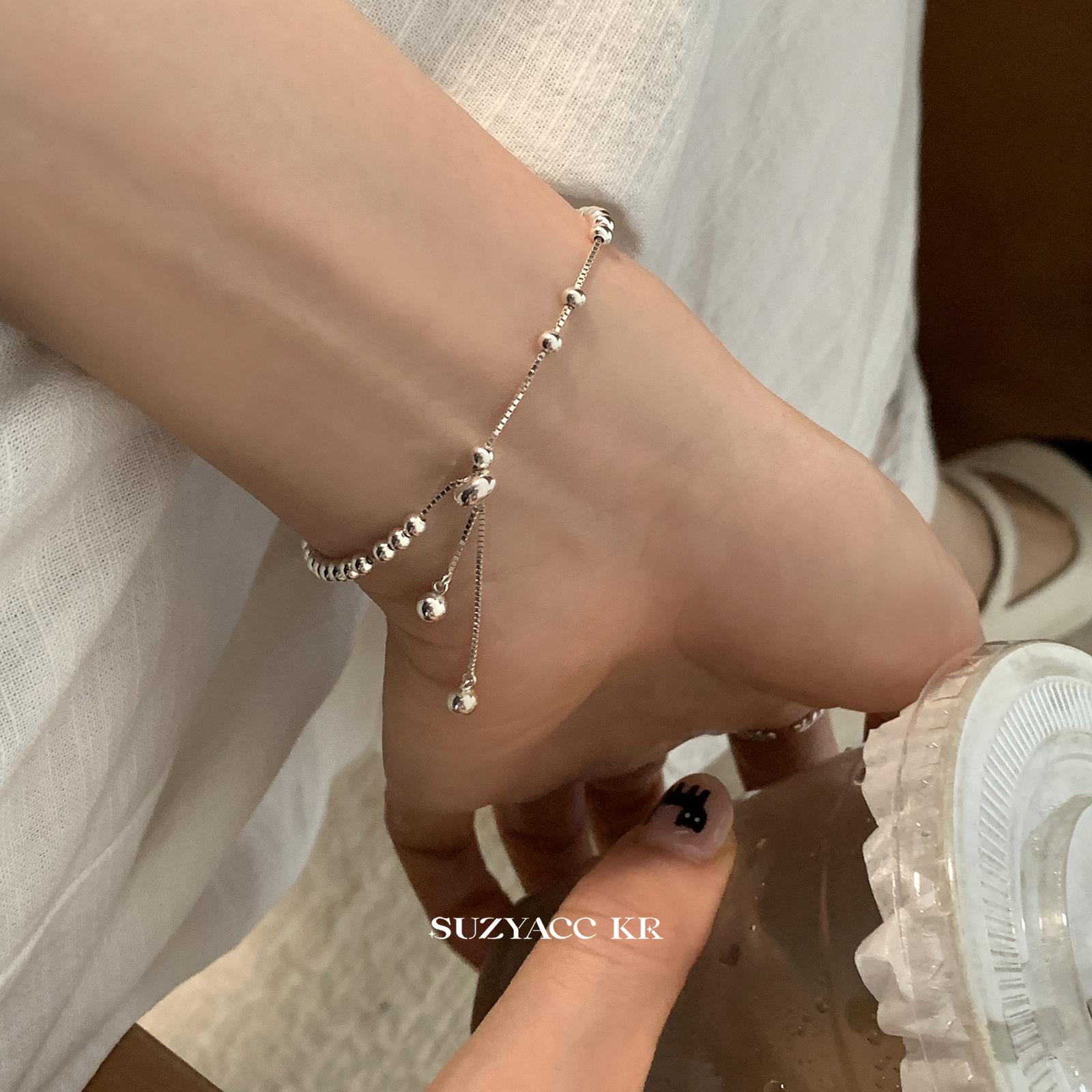 Suzyacc Kr 925银手链  圆珠抽拉式手链简约韩系时尚C2185