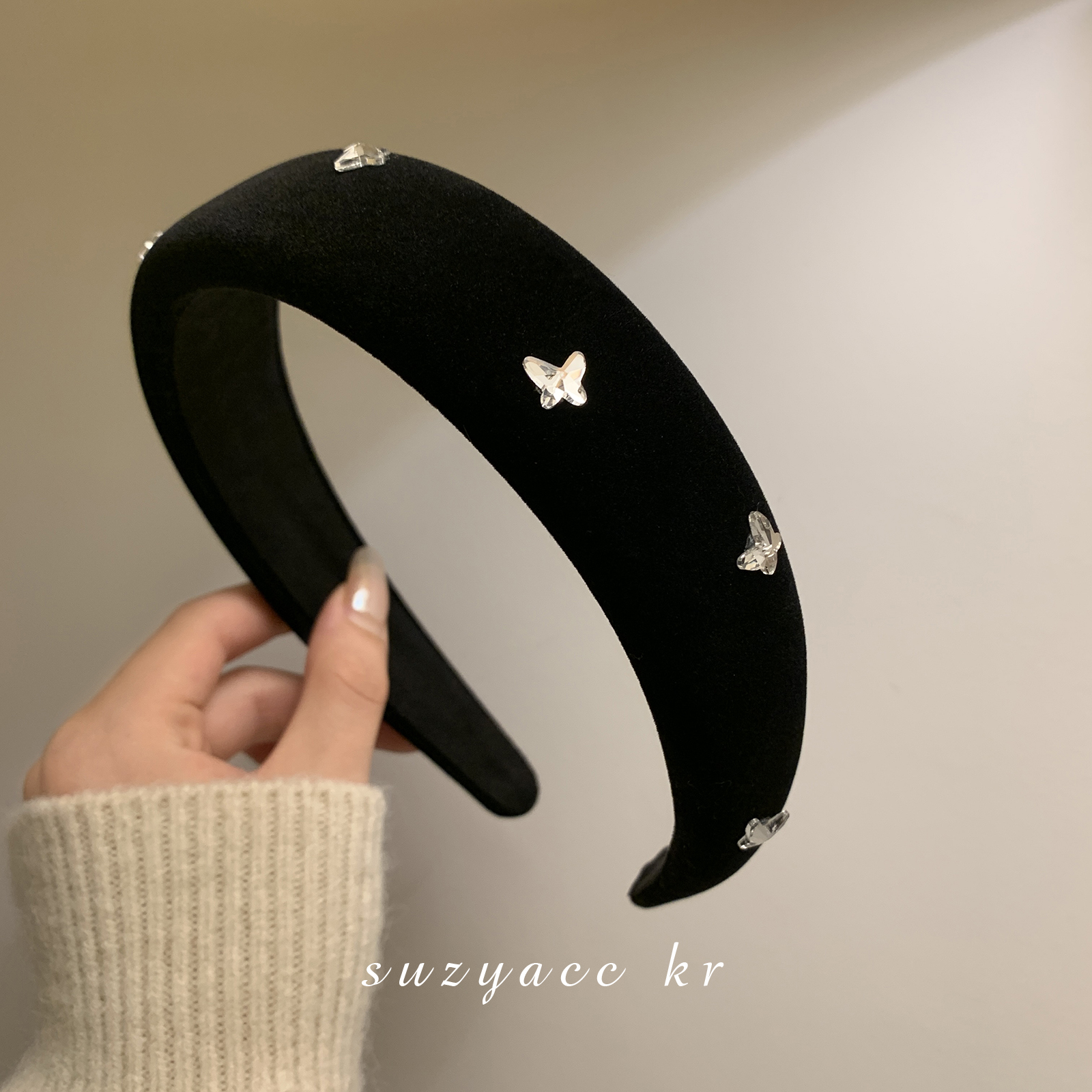 Suzyacc Kr气质时尚网红轻奢百搭蝴蝶水钻丝绒发箍简约优雅F3027