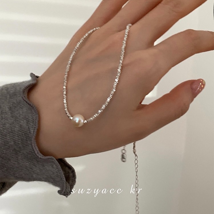 Suzyacc Kr 坠链均925银仿珍珠 爆款重工碎银子锁骨链项链DX0010