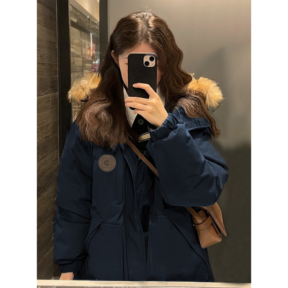 藏青色白鸭绒情侣派克工装羽绒服女冬季宽松百搭加厚派克羽绒服