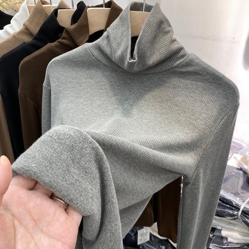 秋冬新款纯色百搭加薄绒高领内搭亲肤打底衫女气质显瘦T恤上衣厚